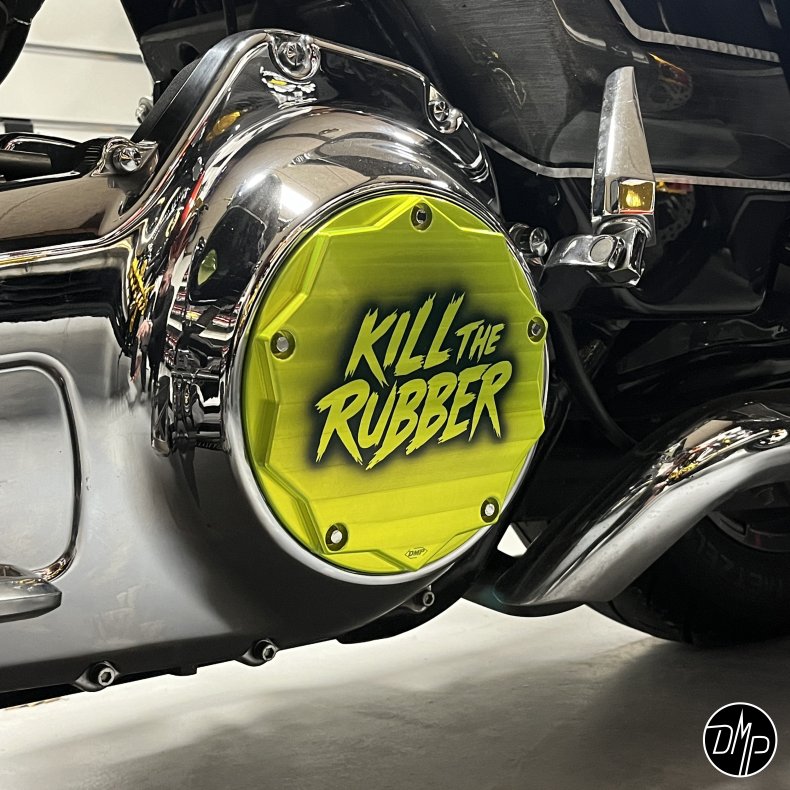 DMP Derby Cover "KILL THE RUBBER" TOXIC GREEN M8 Softail
